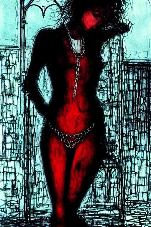 Image similar to dreamy gothic girl, black leather slim clothes, chains, red water, beautiful body, detailed acrylic, grunge, intricate complexity, by dan mumford and by alberto giacometti, peter lindbergh