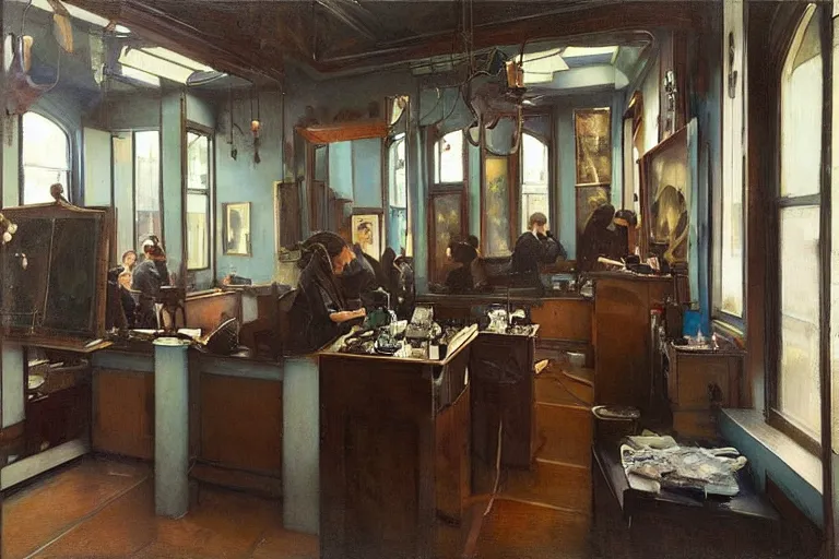 Image similar to “ interior of an art nouveau tattoo shop, jeremy lipking, joseph todorovitch ”