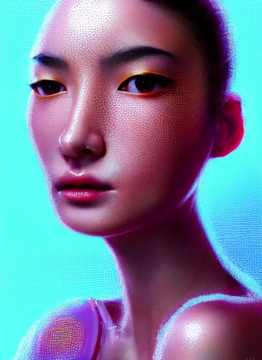 Image similar to photorealistic portrait of oriental female humanoid with freckle cheeks, cyber neon lightings, wide angle, highly detailed, cyberpunk high fashion, elegant, crispy quality, trending in artstation, trending in pinterest, glamor pose, no signature, no watermark, cinematic, octane render, art by artgerm, art by greg rutkowski, art by pascal blanche