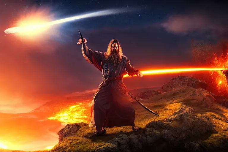 Image similar to levitating wizard wielding a sword, opening a shining portal, night sky, horizon of an erupting volcano, 4 k, ultra realistic, detailed, epic lighting, high detail, masterpiece, trending on artstation