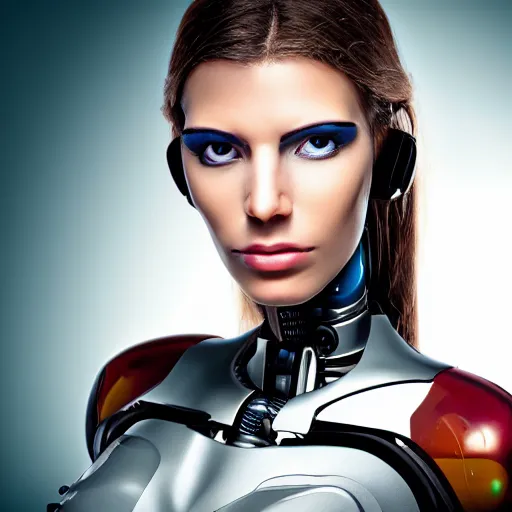 Prompt: portrait photo of a beautiful female cyborg from the stone age