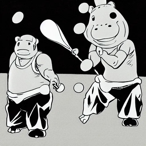 Image similar to men with hippo heads playing badminton, by Ken Sugimori, manga panel, black and white