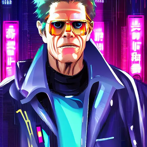 Prompt: willam dafoe as the main character of a cyberpunk anime in the style of bladerunner by wlop and greg rutkowsky