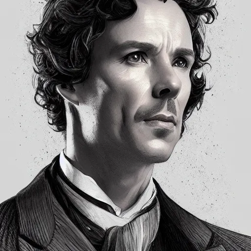 Image similar to portrait of Sherlock Holmes, elegant, intricate, headshot, highly detailed, digital painting,black and white, artstation, concept art, sharp focus, illustration, art by artgerm and greg rutkowski and alphonse mucha