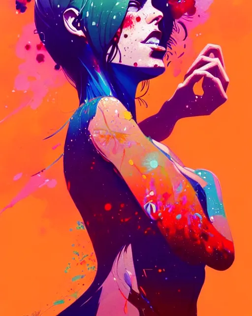 Image similar to a ultradetailed beautiful panting of a woman with a colorful explosion coming out of her hands, by conrad roset, greg rutkowski and makoto shinkai, trending on artstation