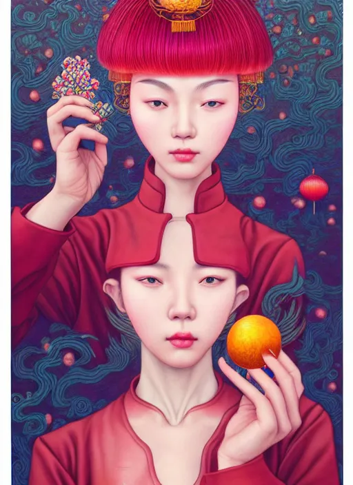 Image similar to pretty chinese girl holds hallucination mushroom : : by martine johanna and simon stalenhag and chie yoshii and casey weldon and wlop : : ornate, dynamic, particulate, rich colors, intricate, elegant, highly detailed, centered, artstation, smooth, sharp focus, octane render, 8 k