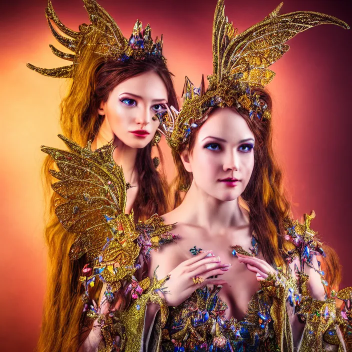 Image similar to full body photo of a very beautiful!! fairy queen with ornate sparkling robes, highly detailed, 4 k, hdr, smooth, sharp focus, high resolution, award - winning photo