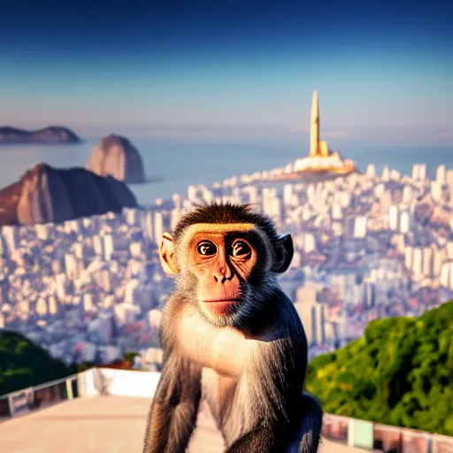 Prompt: high quality portrait of a monkey in front of Christ The Redeemer, studio photograph, photograph, realistic photo, 8k photo, 4k photo, stock photo, high resolution, cinematic shot, high detail