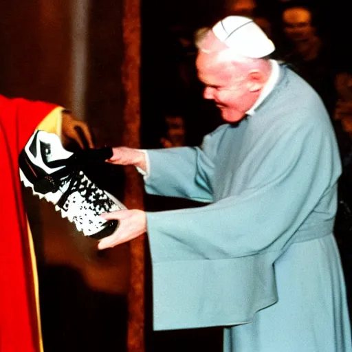 Prompt: john paul ii holding a yeezy sneaker, admiring it