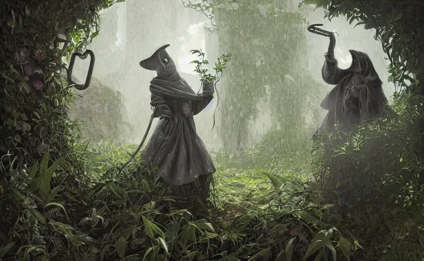 Prompt: female plague doctor overgrown by plants, creeping ivy, drowning, heavy rain, wind, thunder, reflections, deep focus, d & d, fantasy, intricate, elegant, highly detailed, digital painting, artstation, concept art, matte, sharp focus, illustration, hearthstone, art by artgerm and greg rutkowski and alphonse mucha