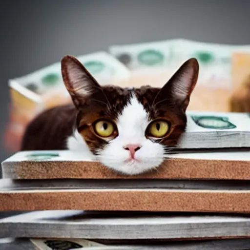 Image similar to brown floppa cat laying on stacks of money in bathtub