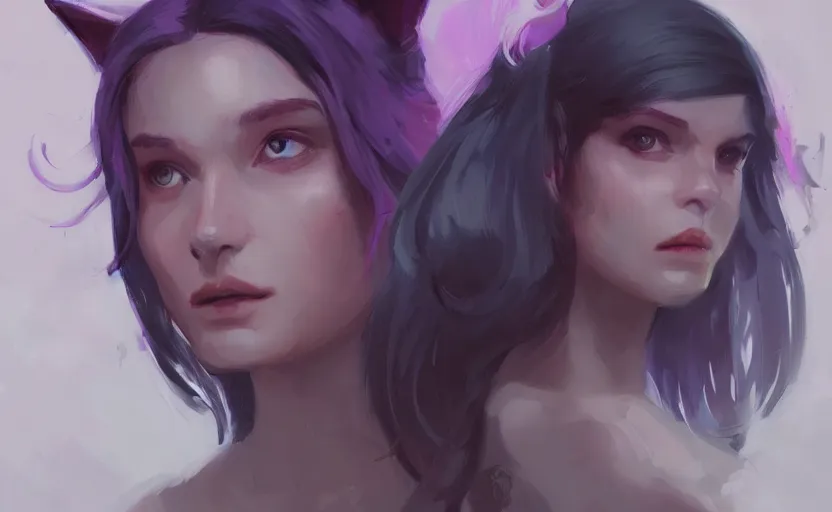 Prompt: a painting of swervy trending on artstation in the style of greg rutkowski, beautiful, sensual, woman with cat, cat ears, purple, portrait