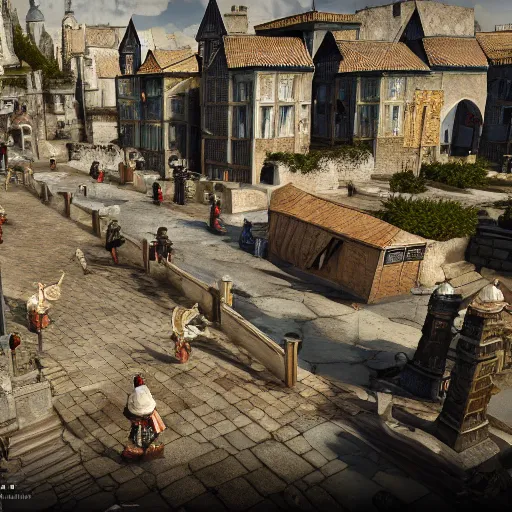 Image similar to detailed medieval fantasy streets with people walking around, unreal engine 5 rendered, incredibly highly detailed and realistic, 8 k, sharp focus, studio quality