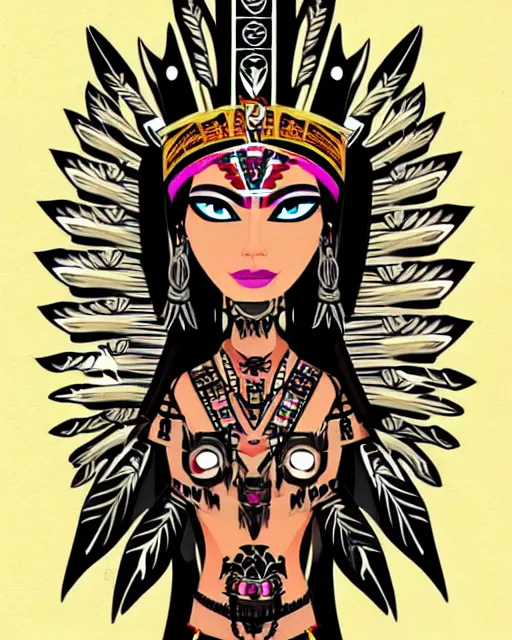 Image similar to character design, aztec warrior goddess with beautiful woman face, crown of very long feathers, full body, glowing aztec tattoos, beautiful, dark fantasy