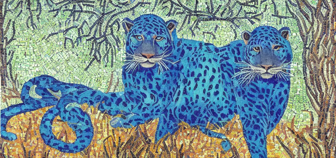 Image similar to impressionistic mosaic of the god of nature, the blue panther