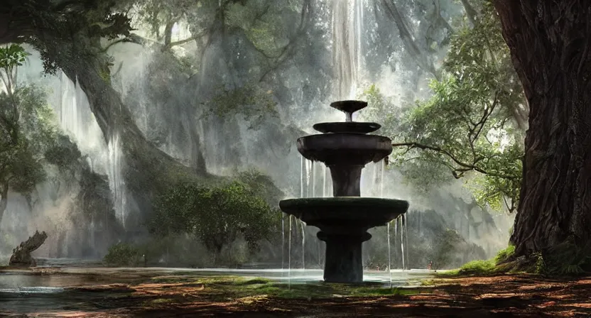 Image similar to a water fountain made out of a tree, concept art by Doug Chiang cinematic, realistic painting, high definition, digital art, symmetrical, very detailed, extremely high detail, photo realistic, concept art, unreal engine 5,