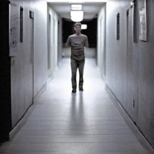 Prompt: a photo of Mark Zuckerberg in an unsettling hallway taken with a disposable camera at night