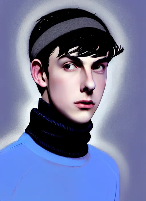 Image similar to portrait of teenage jughead jones wearing a light grey crown, crown, blue turtleneck, closed eyes, photorealistic, black hair, glowing lighting, intricate, elegant, glowing lights, highly detailed, digital painting, artstation, concept art, smooth, sharp focus, illustration, art by wlop, mars ravelo and greg rutkowski