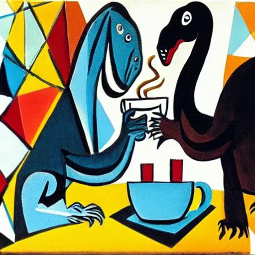 Prompt: dinosaurs drinking coffee, Pablo Picasso