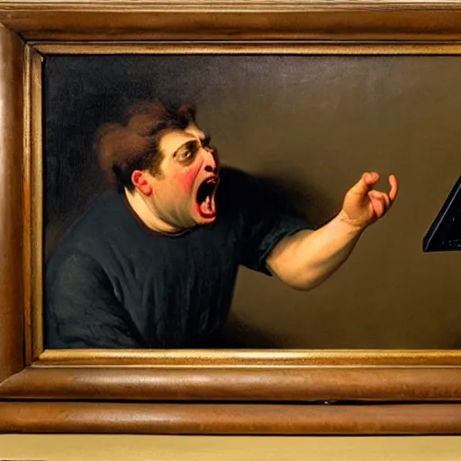 Prompt: an angry man yells at his computer monitor, oil on canvas, 1 9 0 1