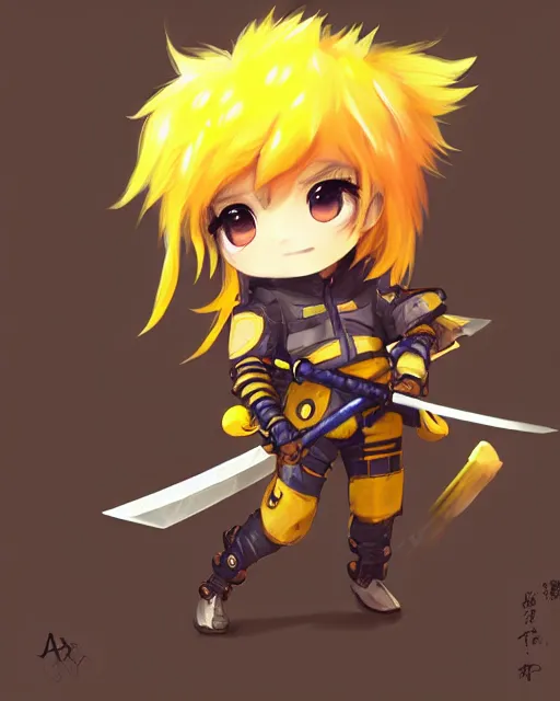 Image similar to a chibi combat kid wearing a puffy yellow jacket and a katana, smooth, intricate, elegant, digital painting, artstation, concept art, sharp focus, octane render, illustration, art by ayami kojima, overwatch character,