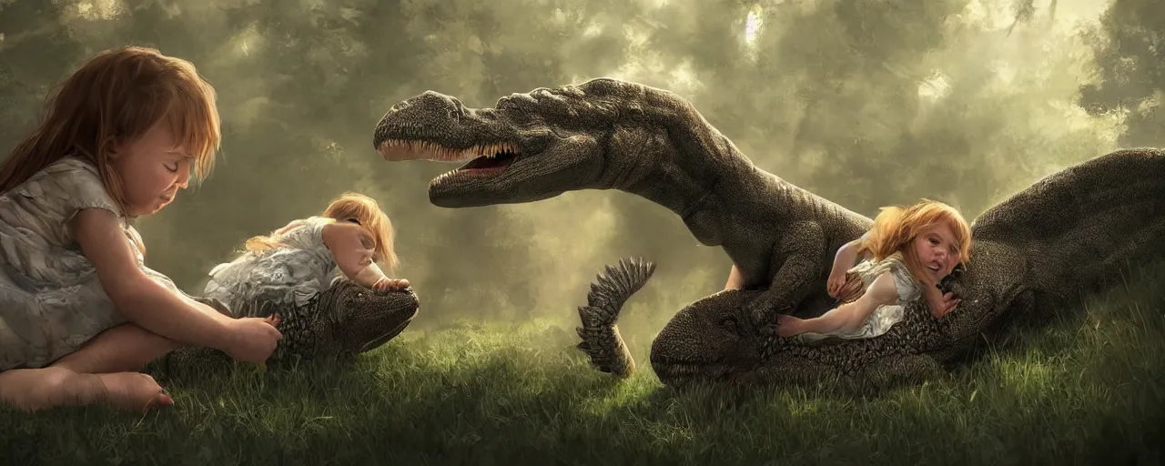 Image similar to portrait of a little girl cuddling with her beloved tyrannosaurus, very high detail, raytracing, back light, digital art, raymarching, by zdenek burian h 7 6 8