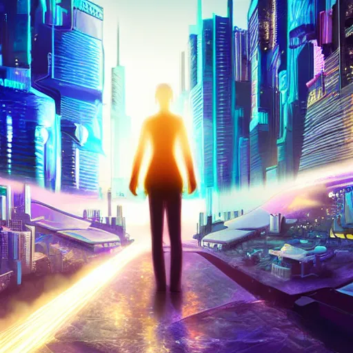 Prompt: hologram human, sci fi city, hyper realistic, cyberpunk