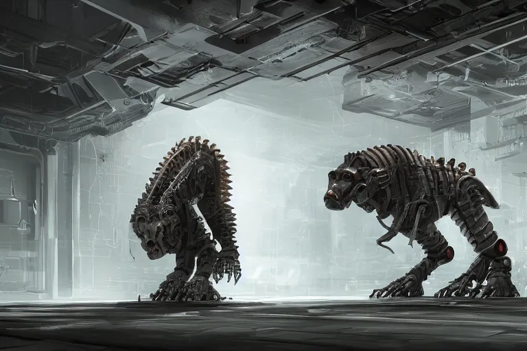 Image similar to robosaurus parallax datacenter server room interior single mono colossus white rusty robot sitting artstation cinematic detailed concept art volumetric light sharp coherent cgsociety symmetric perfect well balanced shadows lotr technogoddess