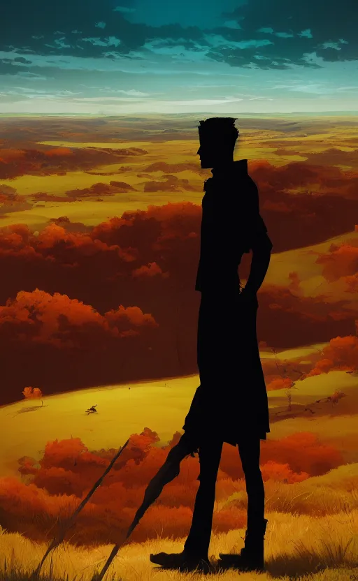 Prompt: a beautiful artwork illustration, silhouette of a man standing on a hill looking at his kingdom in the distance, high contrast, high saturation, by Greg Rutkowski and Jesper Ejsing and Raymond Swanland, featured on artstation, wide angle, vertical orientation