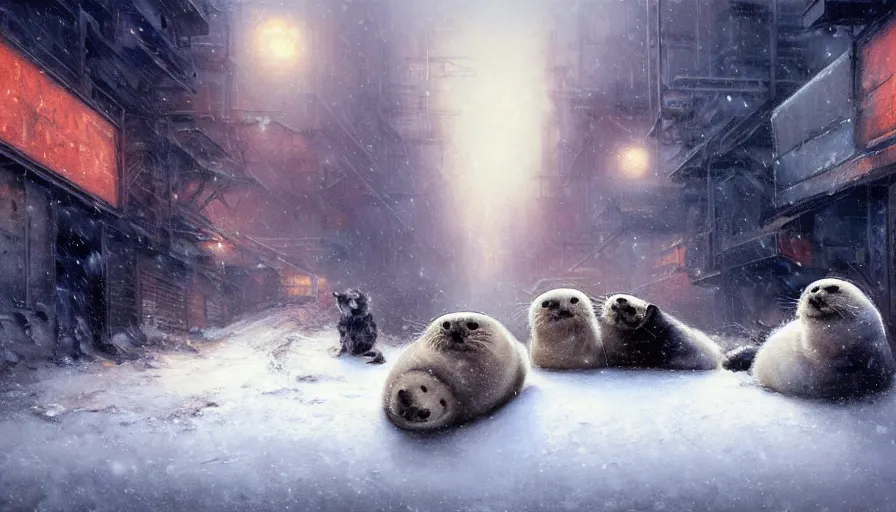 Image similar to highly detailed painting of cute furry white baby seals cuddled up in a cardboard box in a snowy dystopian cyberpunk street by william turner, by greg rutkowski, by william constable, thick brush strokes and visible paint layers, 4 k resolution, retrowave colour scheme