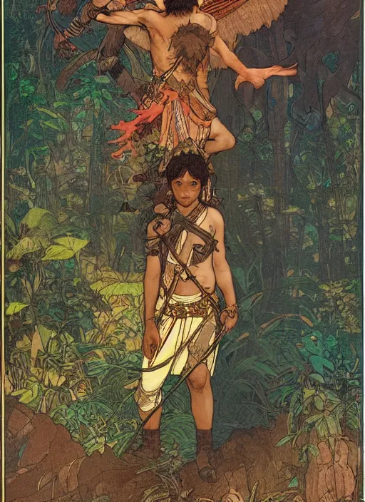 Image similar to portrait of a little epic warrior boy character with dark skin and a big lion with wings at his side in the middle of a lush forest at night. diffuse neon light, dramatic landscape, fantasy illustration, matte painting by mucha