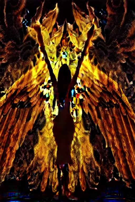 Prompt: angel with fully spread wings floating in the air surveying parched and burned forest, smoke and fire, highly intricate wings!, roots, hdr!, photorealistic,