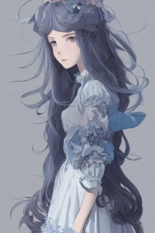 Image similar to a character design of young black lolita dressed girl, grey and blue theme, wavy white long hair by krenz cushart and mucha and akihito yoshida and makoto shinkai and greg rutkowski, detailed eyes, 4 k resolution