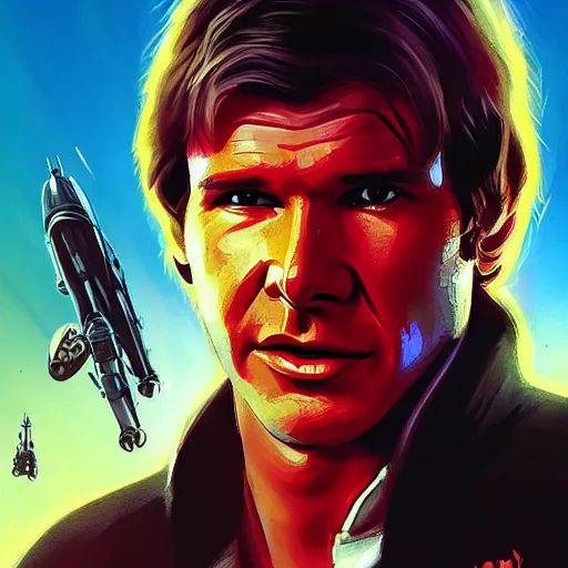 Image similar to harrison ford as han solo, colorful, contrast, 3 d scene, greg rutkowski, zabrocki, karlkka, jayison devadas, trending on artstation, 8 k, ultra wide angle, zenith view, pincushion lens effect