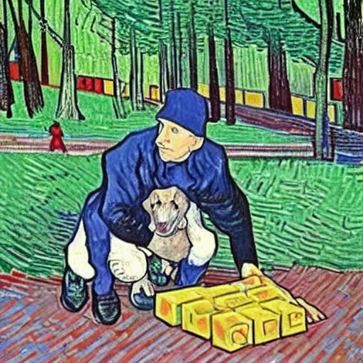 Image similar to Eminem with a dog plays with wooden blocks at Central Park painting by van gogh