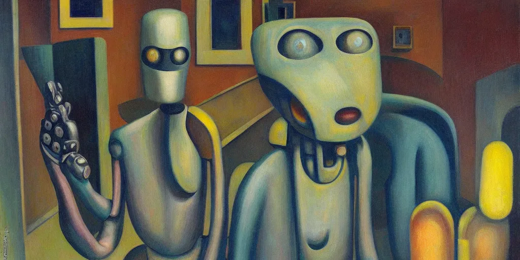 Image similar to sentient robot with soulful eyes portrait, lowbrow, pj crook, grant wood, edward hopper, oil on canvas