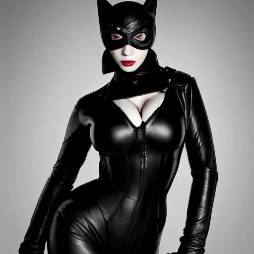 Image similar to Fully-clothed full-body portrait of Christina Hendricks as catwoman with eyes covered, leather thigh-high boots, XF IQ4, 50mm, F1.4, studio lighting, professional, 8K