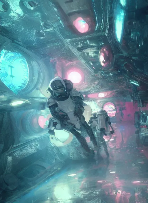 Image similar to concept art by craig mullins infrared complex and hyperdetailed technical pink astronauts floating in futuristic dark and empty spaceship underwater. reflection and dispersion materials. rays and dispersion of light. volumetric light. 5 0 mm, f / 3 2. noise film photo. flash photography. unreal engine 4, octane render. interstellar movie art