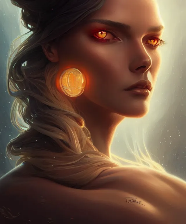 Image similar to futuristic woman portrait, sci-fi, amber eyes, face, long hair, fantasy, intricate, elegant, highly detailed, digital painting, artstation, concept art, smooth, sharp focus, illustration, art by artgerm and greg rutkowski and alphonse mucha