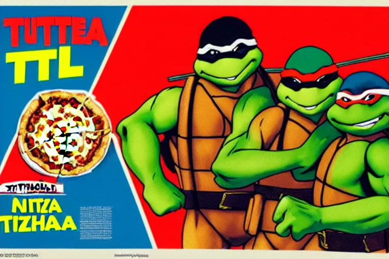 Image similar to 80s, teenage mutant ninja turtles, pizza, advertisement