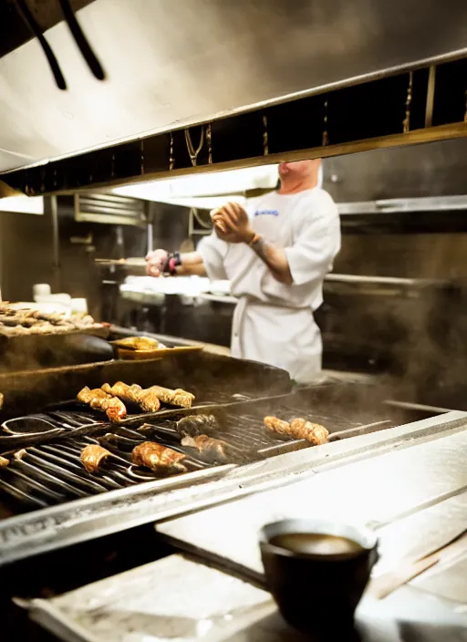 Prompt: a 2 8 mm macro photo from the back of a yakitori chef elon musk cooking in a commercial kitchen, splash art, movie still, bokeh, canon 5 0 mm, cinematic lighting, dramatic, film, photography, golden hour, depth of field, award - winning, anamorphic lens flare, 8 k, hyper detailed, 3 5 mm film grain