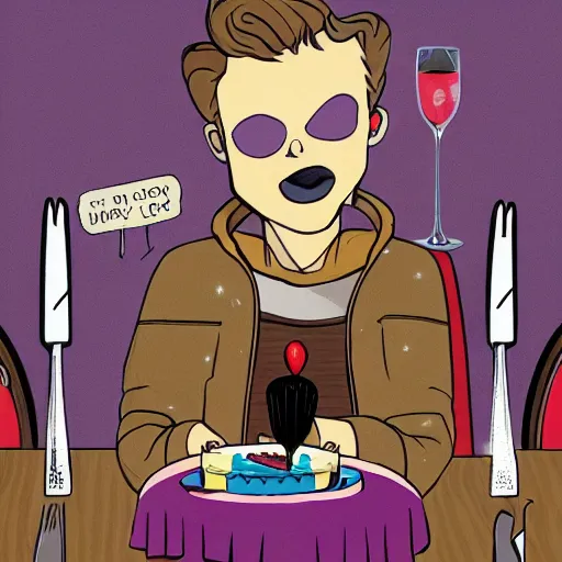 Prompt: Star Lord sitting at a lonely table with a small birthday cake and a fork