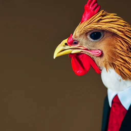 Image similar to a high detail shot of a chicken wearing a suit