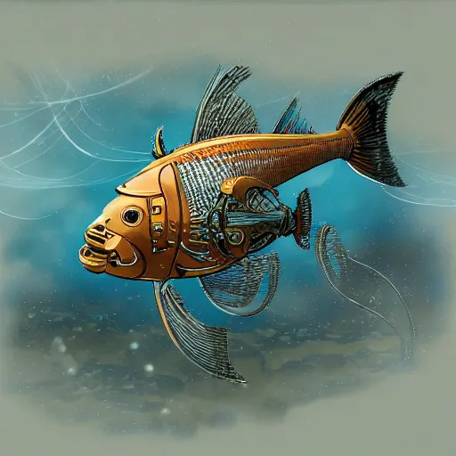 Prompt: robotic steampunk koi fish swimming in murky unfiltered pondwater, futuristic, pessimistic, artstation, ultra-detailed, 8k resolution, ultrarealistic