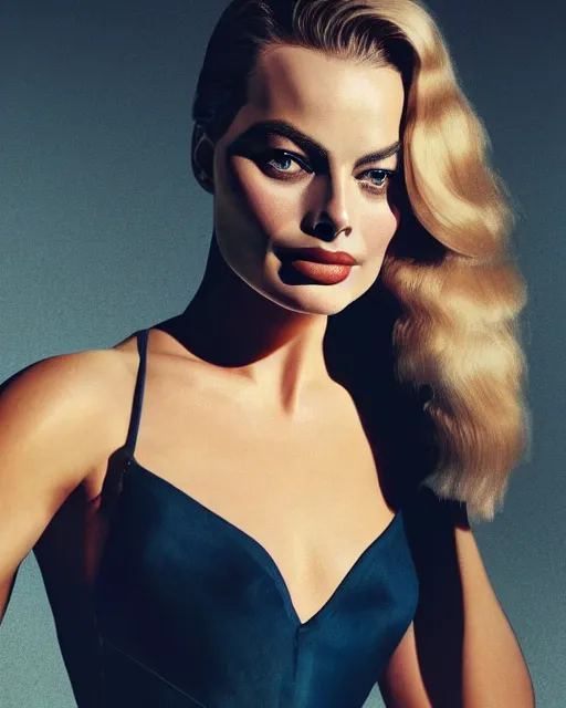 Prompt: Beautiful Head and shoulders portrait of margot robbie wearing a camisole by alberto Vargas, arney freytag, artstation, fashion photoshoot, urban jungle, fashion pose, octane, 4k