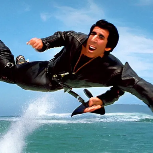Prompt: a still of arthur fonzarelli jumping over a shark with his motorbike