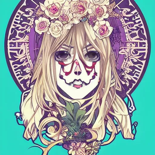 Prompt: anime manga skull portrait woman hair floral details comic skeleton illustration style by Alphonse Mucha and James Jean and Sainer Etam pop art nouveau