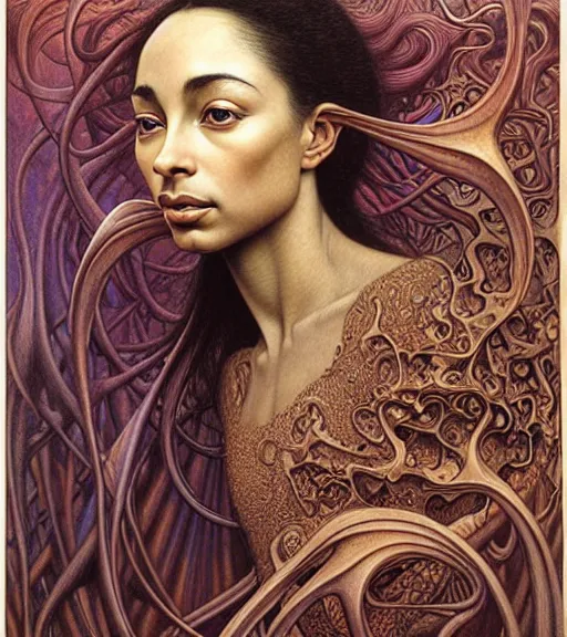 Image similar to detailed realistic beautiful young sade adu face portrait by jean delville, gustave dore and marco mazzoni, art nouveau, symbolist, visionary, baroque, intricate fractal, biomechanical. horizontal symmetry by zdzisław beksinski, iris van herpen, raymond swanland and alphonse mucha. highly detailed, hyper - real, beautiful