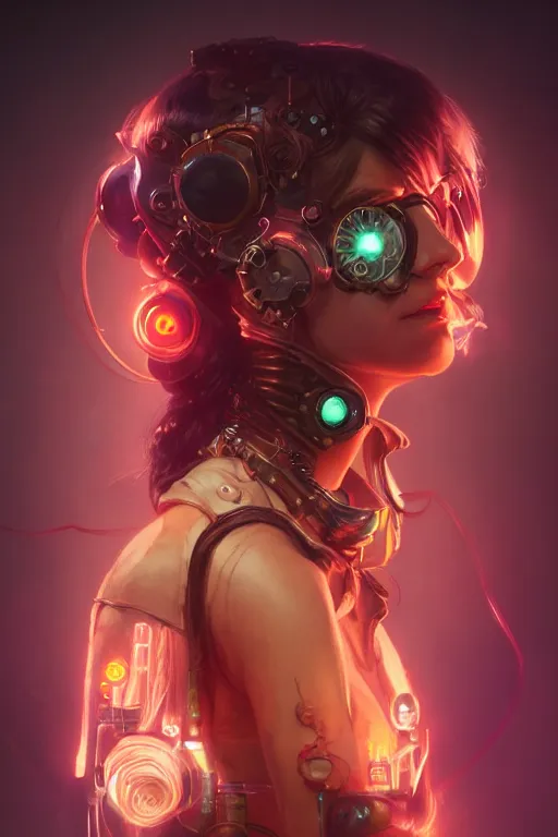 Prompt: portrait of a psychedelic steampunk girl with biotechnical parts and neon light by Artgerm and Greg Rutkowski , digital painting, highly detailed, trending on artstation