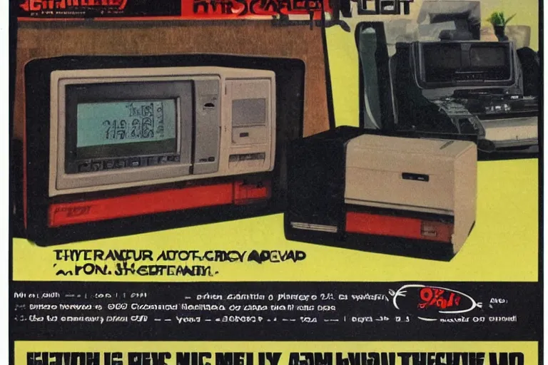 Image similar to a 1 9 8 5 electronics ad in the style of andy zito